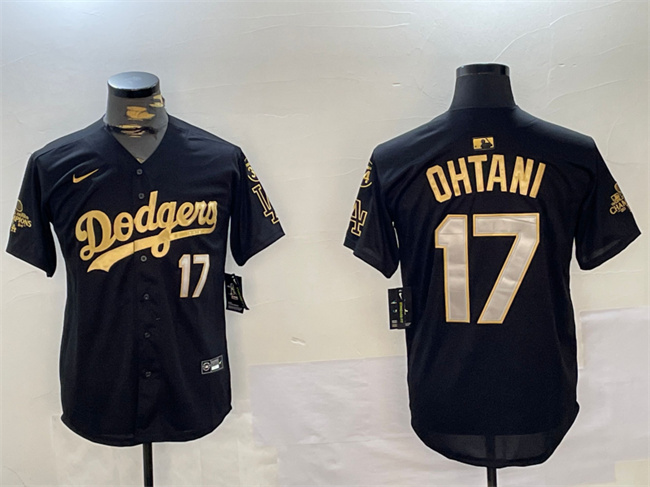 Men's Black/Gold Los Angeles Dodgers #17 Shohei Ohtani 2024 World Series Champions With Fernando Memorial Patch Limited Stitched Baseball Jersey